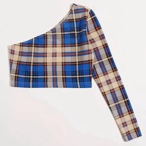 Blue Plaid One-Shoulder Top